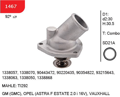 SMART 1467 - Thermostat Assembly - OE 1338057, 1338070, 90443472, 90220435 - GM (GMC), OPEL (ASTRA F ESTATE 2.0 i 16V), VAUXHALL
