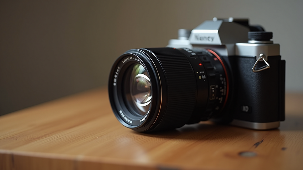Close-up view of a camera lens on a wooden table