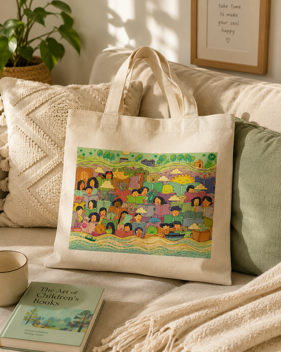 Mayurpankhi Reading Together colourful illustrated cotton tote bag.