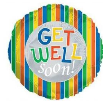 Vibrant 17-inch 'Get Well Soon' balloon with colorful stripes, a cheerful addition to any bouquet