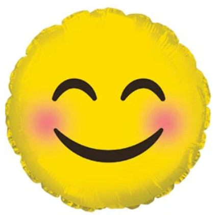 Cheerful 17-inch 'Blushing Smile' balloon featuring a yellow smiling face, perfect for spreading joy and positivity