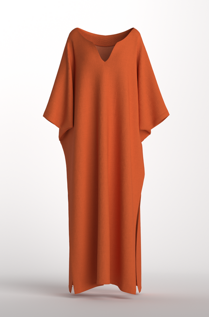 Caftan in cotton linen with batwing sleeves, side slit, and v-neck details