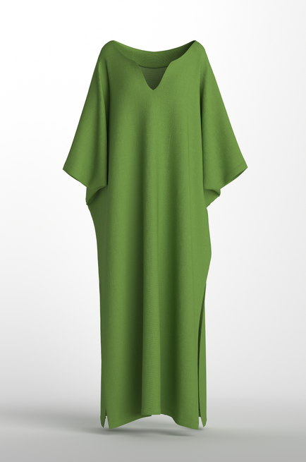 Caftan in cotton linen with batwing sleeves, side slit, and v-neck details
