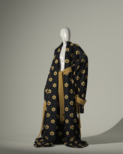Tie detail floor length robe in printed silk satin; with solid color accents