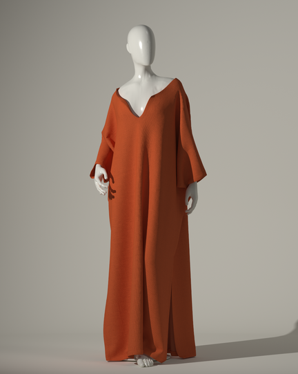 Caftan in cotton linen with batwing sleeves, side slit, and v-neck details