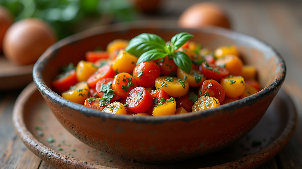 Close-up view of a colorful ratatouille dish served in a rustic bowl