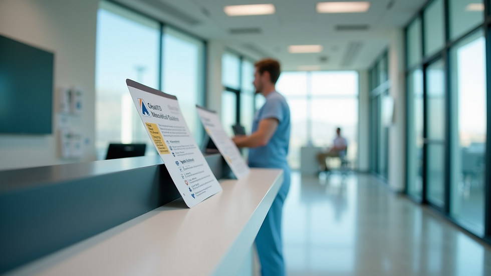 Eye-level view of a healthcare clinic reception desk with informational brochures