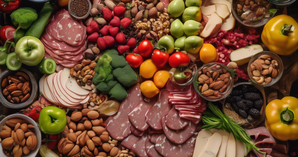 Rustic wooden table with an abundance of fresh vegetables, fruits, spices, and nuts. In th