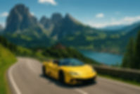 Yellow Lamborghini Huracán Spyder driving through the Swiss Alps past a scenic mountain lake and medieval castle, promoting EPIKDRIVES' best European driving tours.