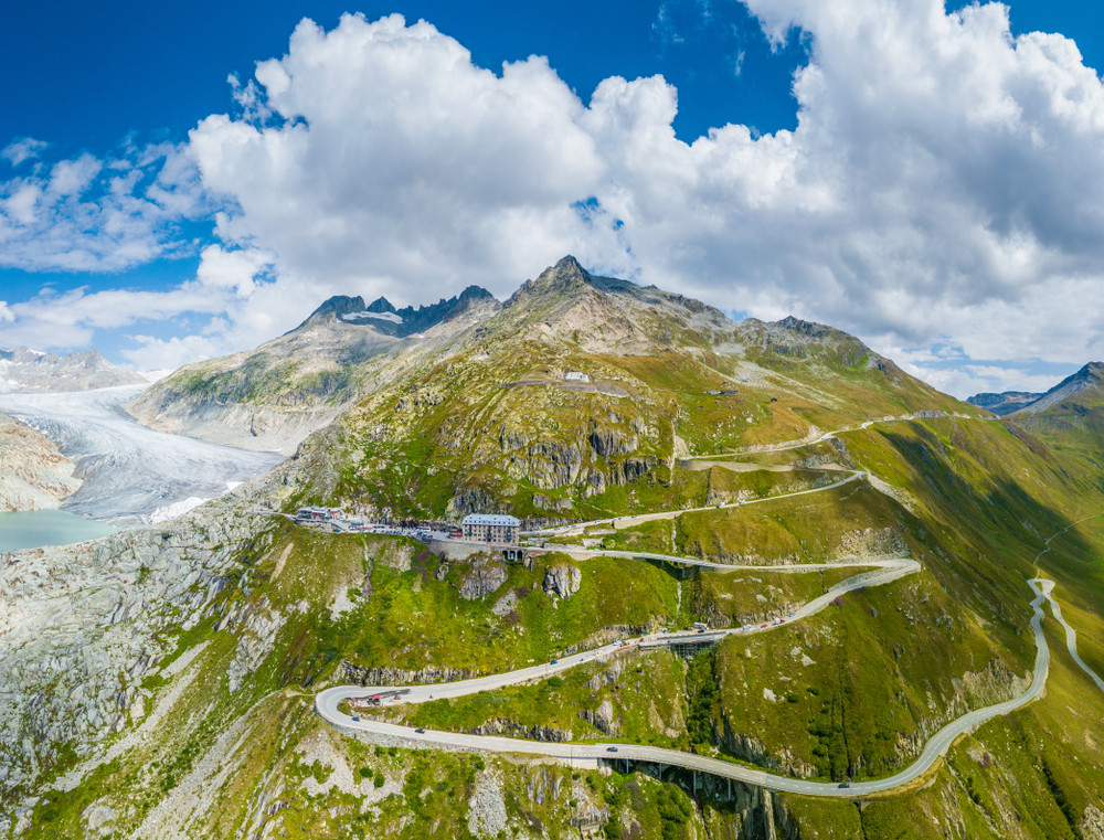 zick zack route of Furka Pass with Rhone Glacier and Hotel Belvedere