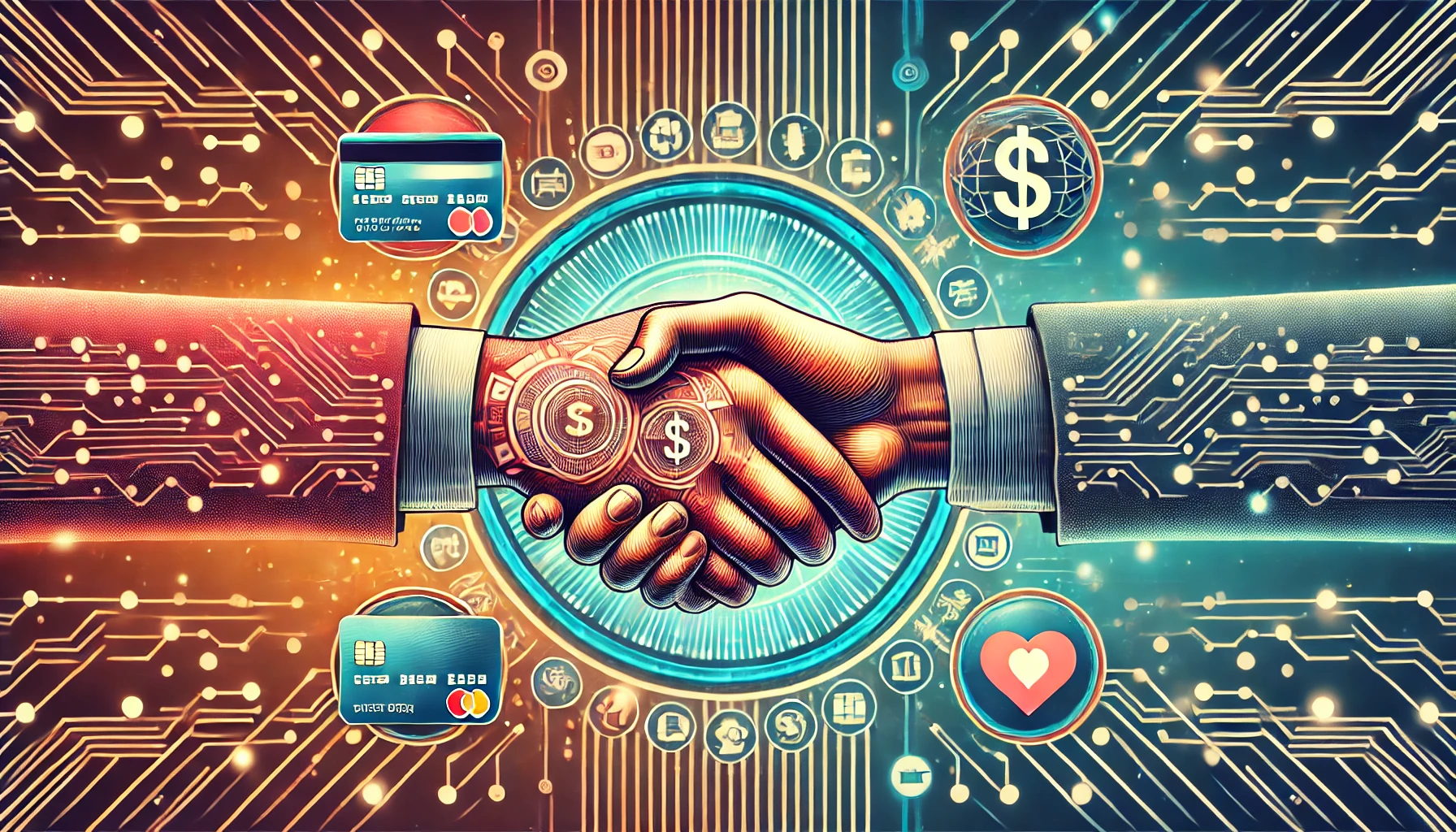 An artistic illustration of two hands shaking, symbolizing trust and partnership, surrounded by digital circuitry and icons representing finance, technology, and commerce. The background features glowing credit cards, dollar symbols, and interconnected nodes, highlighting the integration of digital solutions in secure financial transactions.