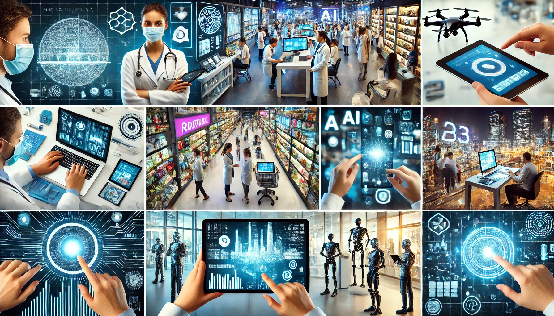A collage of futuristic scenes highlighting the integration of artificial intelligence and digital technology in various fields such as healthcare, retail, robotics, and smart cities. The images include doctors using advanced tech, automated grocery stores, digital interfaces, drones, and AI-driven robotics. The visuals emphasize innovation, automation, and the transformative impact of technology across industries.
