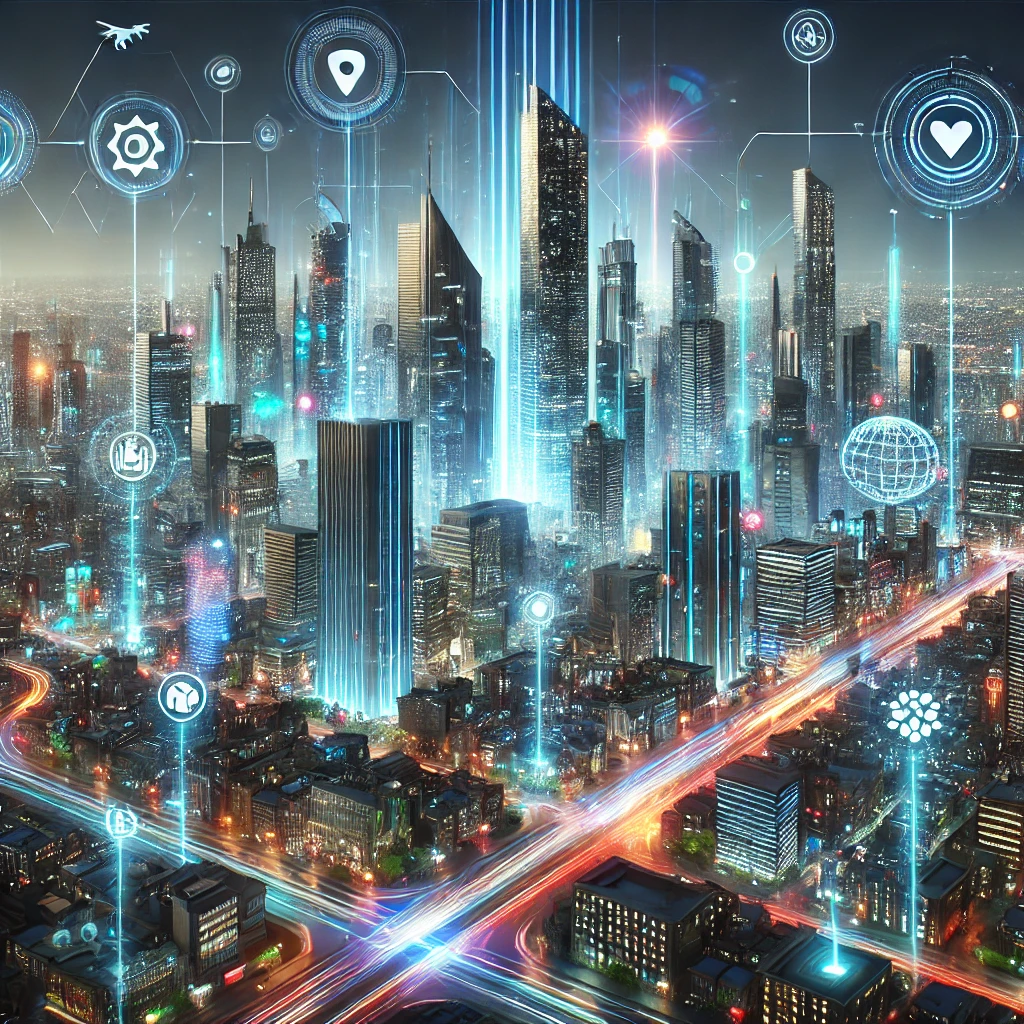 A vibrant futuristic cityscape illuminated with glowing skyscrapers and dynamic digital overlays. The scene features interconnected icons representing technology, communication, and innovation, symbolizing a smart city powered by advanced digital solutions and connectivity.