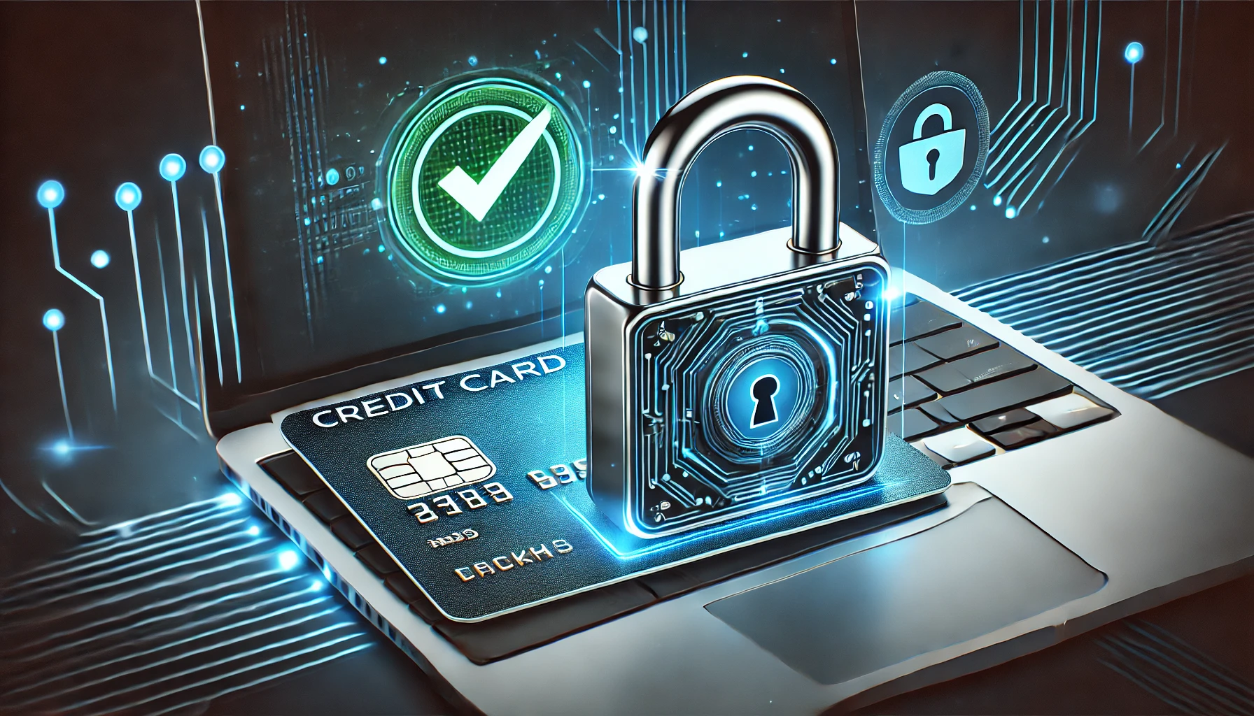 An illustration showcasing a large padlock placed on a credit card resting atop a laptop keyboard. Surrounding the scene are glowing digital circuits and icons, including a green checkmark and a locked padlock symbol, representing secure online transactions and data protection in the digital world.