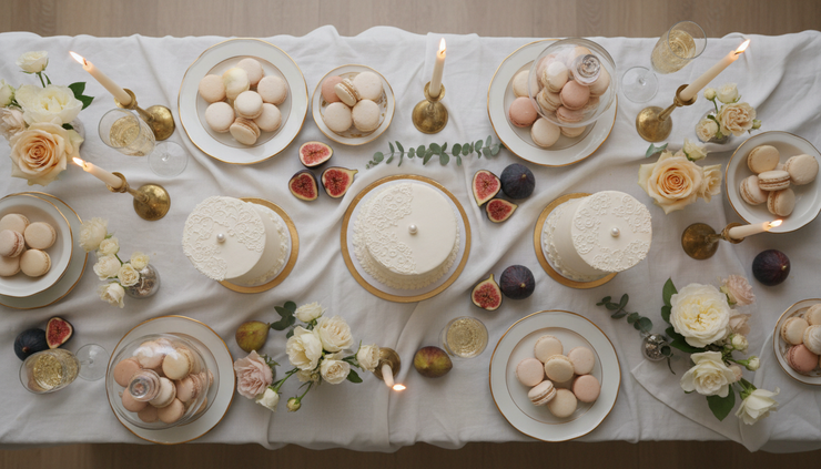 Overhead view of a wedding dessert table with champagne coupes and petite cakes