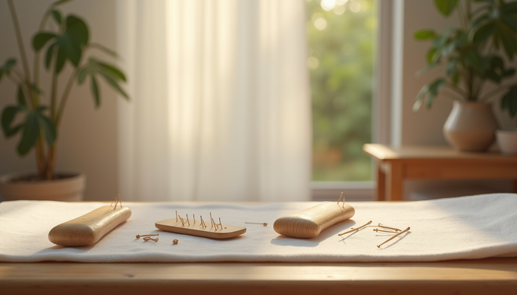 Eye-level view of a calm treatment room with acupuncture needles and massage tools neatly arranged