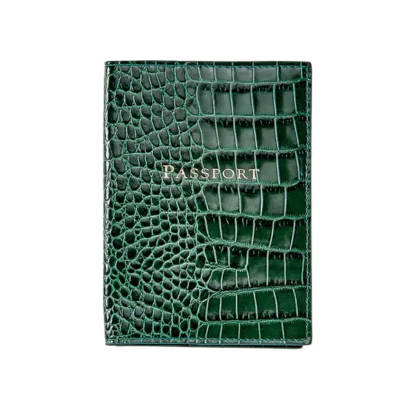 Graphic Image Leather Monogrammed Passport Cover | Embossed Crocodile Emerald