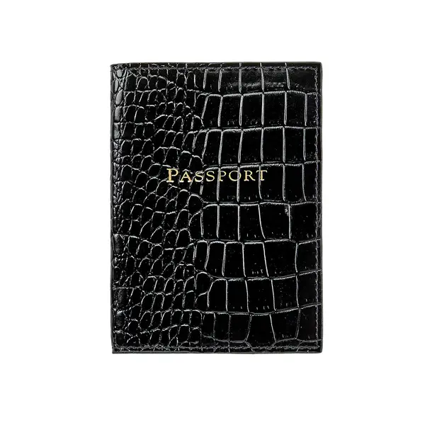 Graphic Image Leather Monogrammed Passport Cover | Embossed Crocodile Black