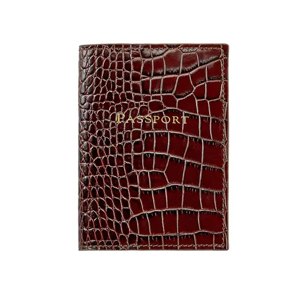 Graphic Image Leather Monogrammed Passport Cover | Embossed Crocodile Brown