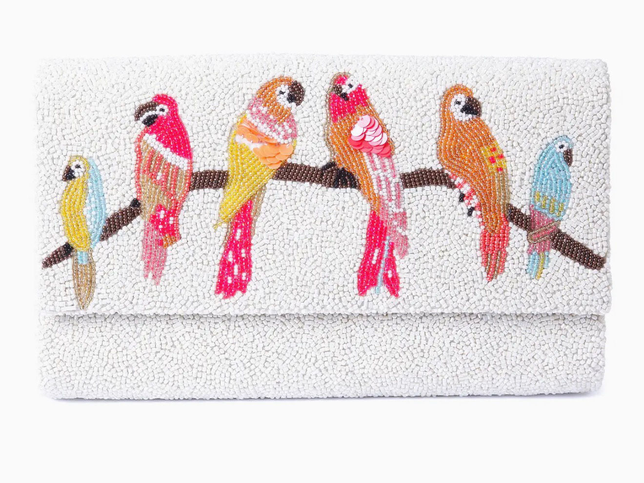 Custom Parrot on Branch Beaded Flap Clutch Handbag 7"x10" With Chain Strap