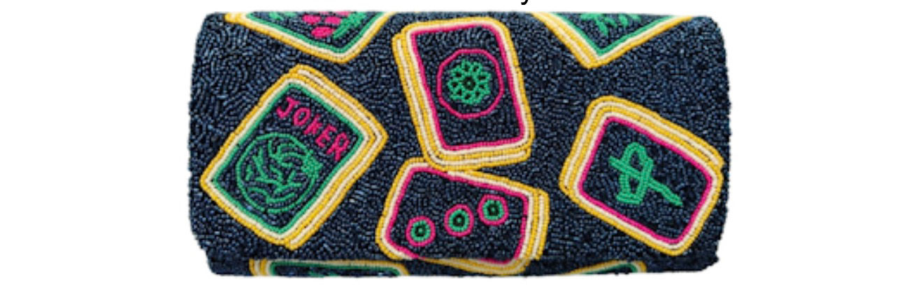 Mahjong Custom Navy Large Bead Flap Clutch Handbag 7"x10" With Chain Strap