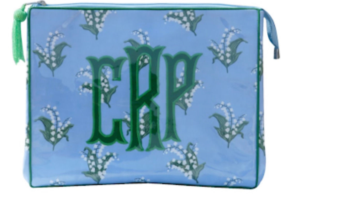 Lily of the Valley Medium Rectangle Zip Top Applique Monogram Cosmetic Bag