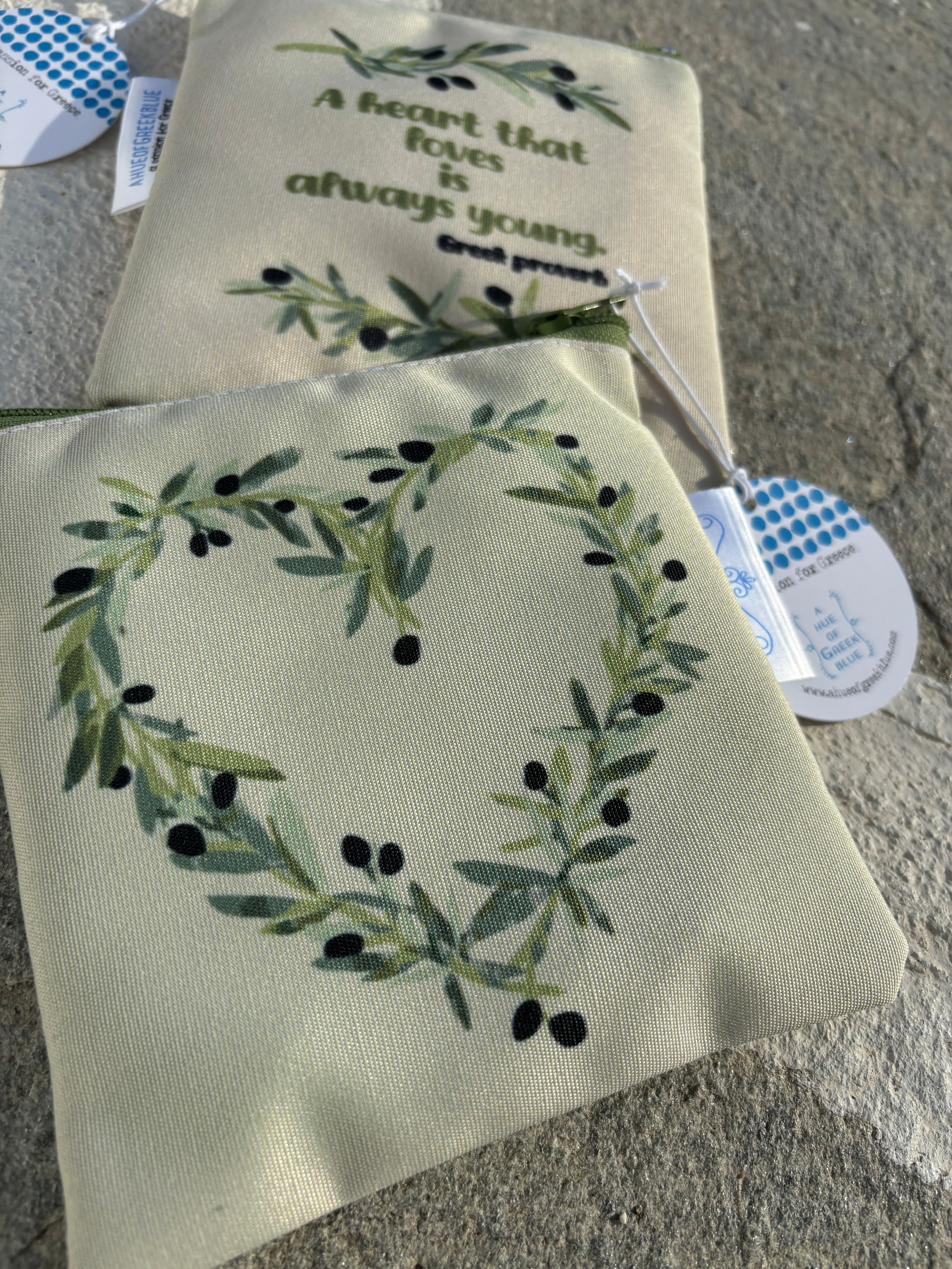 Greek Olive Heart Square Water Resistant Zipper Pouches. Set of 3.
