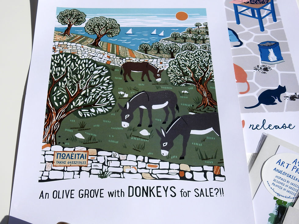 Thumbnail: A3 Art Print AN OLIVE GROVE AND DONKEYS FOR SALE?!