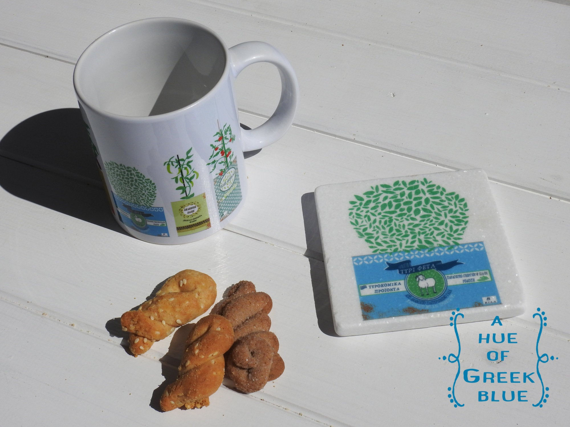 Ceramic Mug Greek Upcycled Tins
