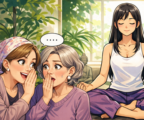 Due donne occidentali in primo piano bisbigliano con espressioni curiose e complici, mentre sullo sfondo una donna asiatica medita serenamente, occhi chiusi, indifferente al pettegolezzo.