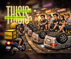 Visual satirico sull’urbanistica contemporanea: auto sui marciapiedi trasformate in arredo urbano per la movida, con giovani seduti sopra, luci notturne e atmosfera caotica.