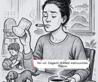 Illustrazione in bianco e nero di una giovane donna seduta al tavolo, con espressione stanca ma composta. Tiene un pannolino sporco in una mano, uno spinello disegnato in bocca e una tazza di caffè nell’altra. Sullo sfondo, un bambino gioca con un pallone e un cane si aggira tranquillo. La scena domestica è caotica ma contenuta, attraversata da un senso di fatica trattenuta. In basso al centro compare la scritta: “Per noi. Eleganti. A tratti malinconiche. Eterne.”, con la dicitura rossa “IRONIA ESAUSTA” a semicerchio come sigillo laterale.