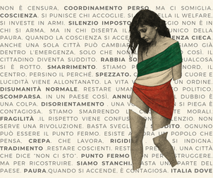 Donna spezzata avvolta dal tricolore italiano, su sfondo di parole chiave che raccontano la crisi dell’Italia.