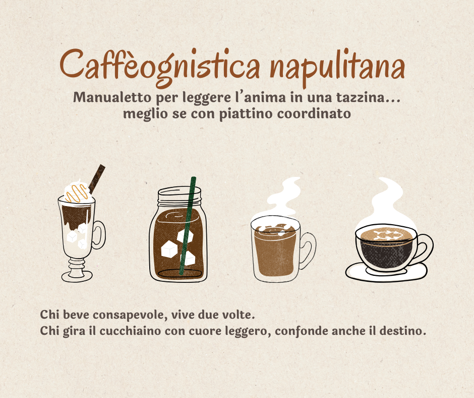 Copertina illustrata del manuale 'Caffeognostica napulitana' con tazzine stilizzate e frase ironico-filosofica sul caffè come rituale esistenziale.