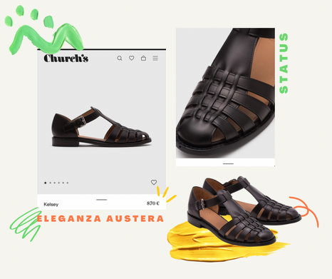 Collage visivo dedicato ai sandali Kelsey di Church’s, con foto del prodotto da diverse angolazioni, prezzo evidenziato (870 €) e frasi evocative come “non stai più comprando una scarpa, stai comprando una possibilità”, “eleganza austera” e “status”, su sfondo chiaro con pennellate e dettagli grafici colorati.