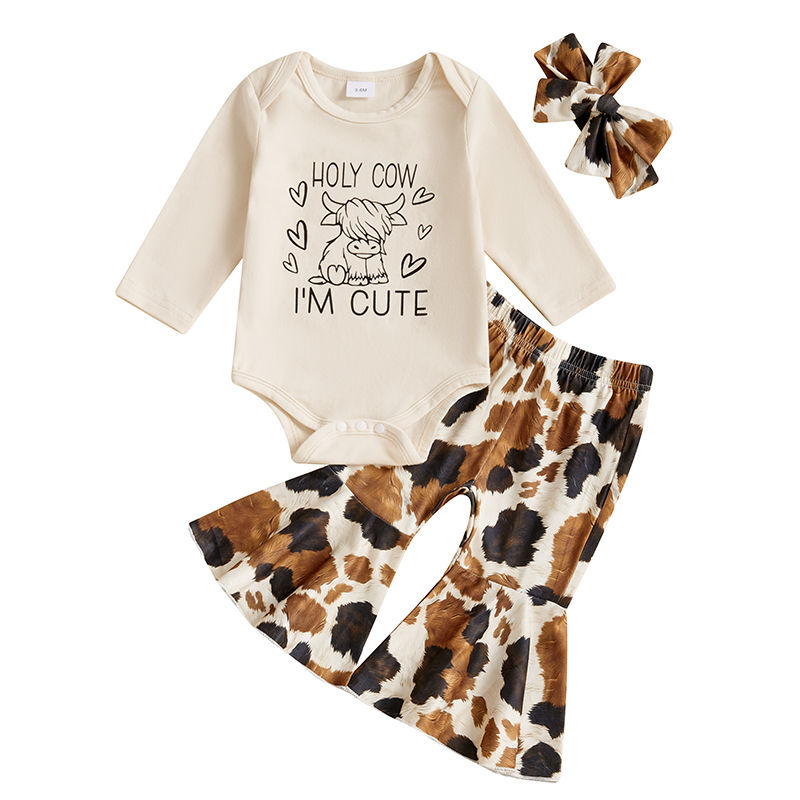2024-10-23 Lioraitiin 0-18M Baby Girl Fall Outfits Letter Cow Print Long Sleeve 