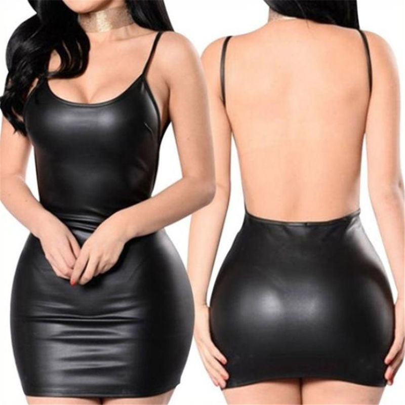 Sexy Faux Leather Dress Backless Club Party Short Dress Solid Black Wet Look Lat