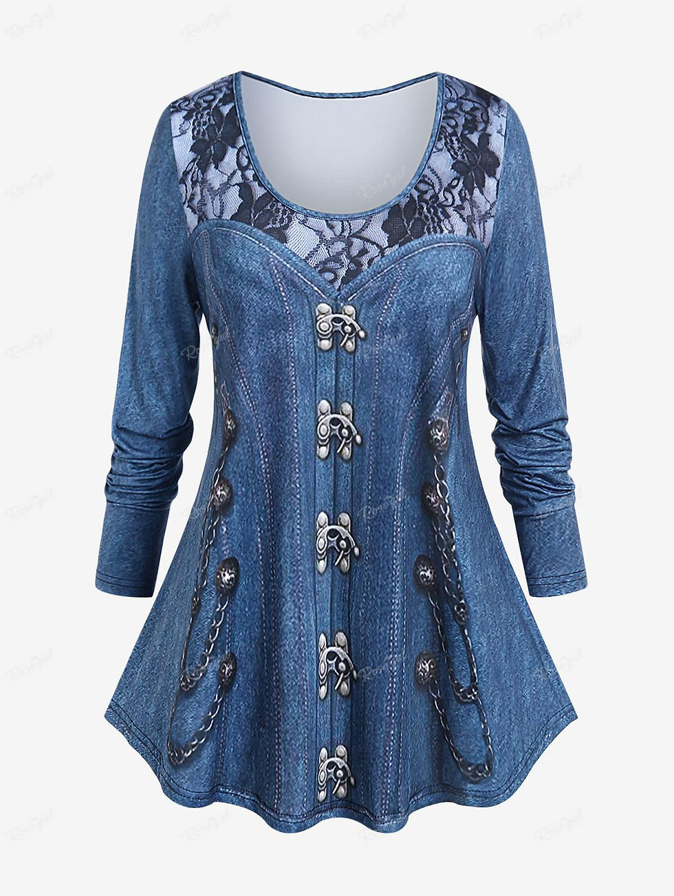 Thumbnail: ROSEGAL Plus Size Women's 3D Jeans Chains Lace Printed T-shirt Long Sleeves Thin