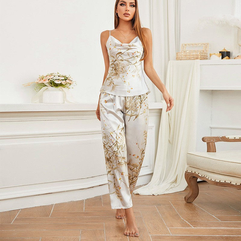 Thumbnail: Four Pieces Pajamas Set Printed Little Cherry Sleepwear Women Satin Nightgown Wi
