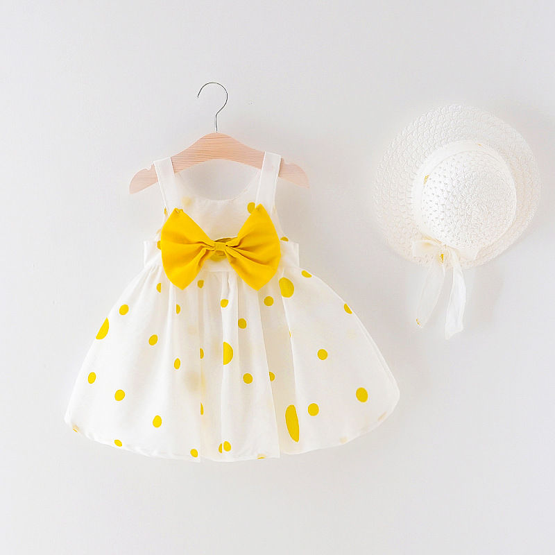 Thumbnail: Summer 2/piece set baby girl dress hat girl sleeveless large bow dot printed pri