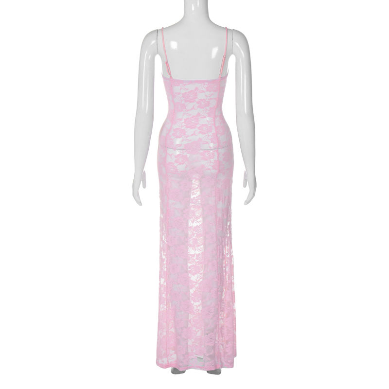 Thumbnail: Dulzura See Through Ruffled Patchwork Lace Cami Maxi Dress Sleeveless Sexy Long