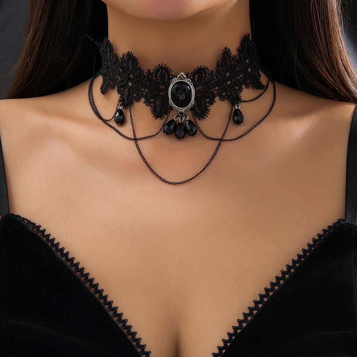 Lacteo Gothic Black Lace Rope Chain Necklace Crystal Beads Geometric Charm Choke