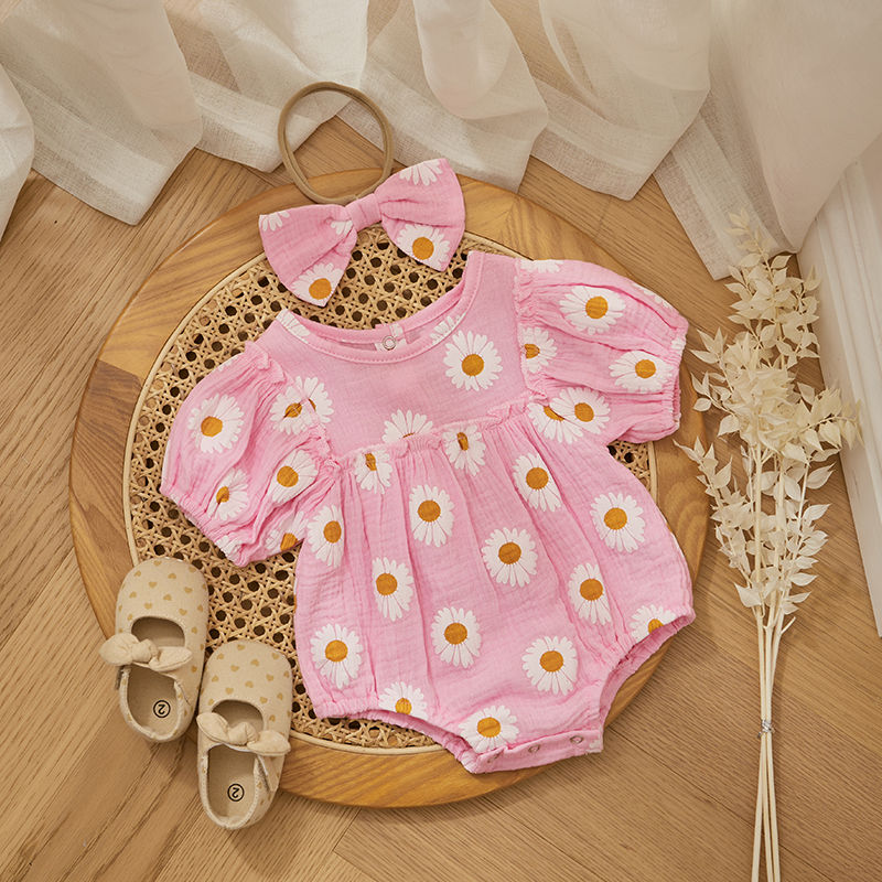 Thumbnail: Cute New Baby Girls Rompers Summer Princess Daisy Print Short Sleeve Infant Body