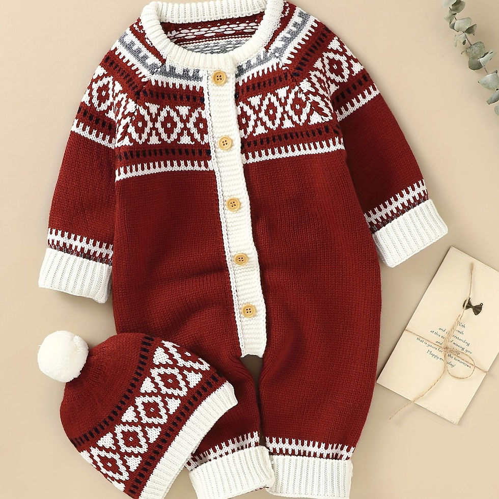 Thumbnail: Newborn Infant Geometric Pattern Sweater Romper Long Sleeve Button Jumpsuit & Ha