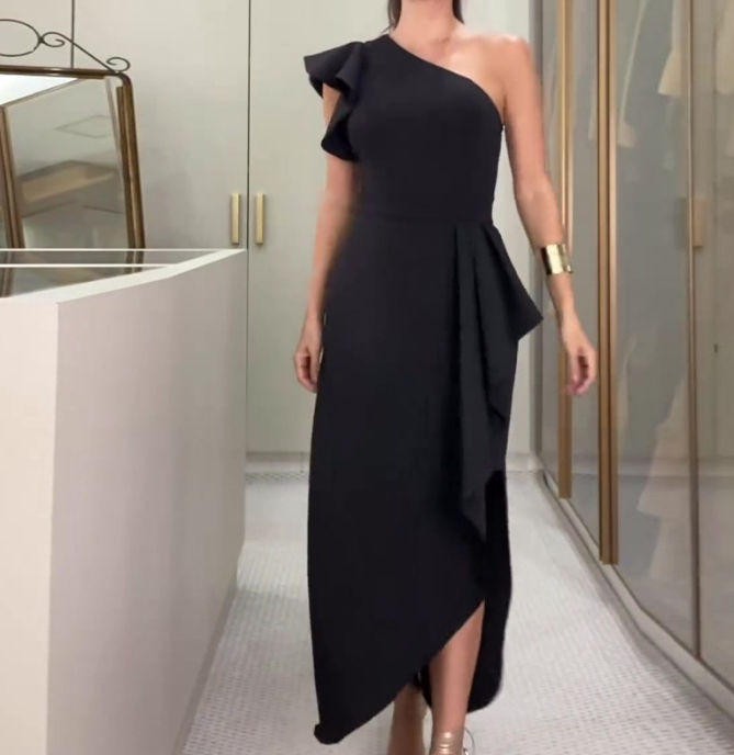 Thumbnail: Summer Dress Women's Fashionable Solid Color Diagonal Collar Lace Sleeve Slit Se