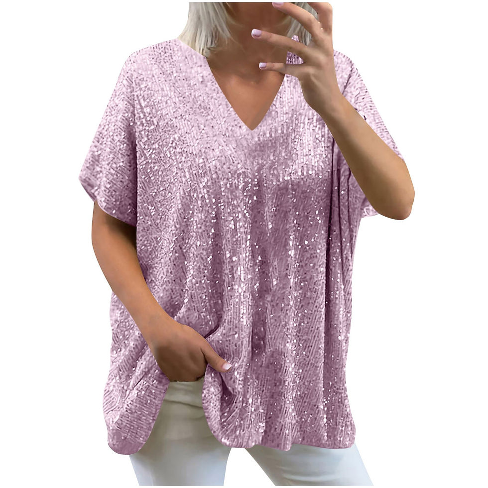 Thumbnail: Women Plus Size Sequin Blingbling V Neck Short Sleeve Loose Top Shirt Party Club