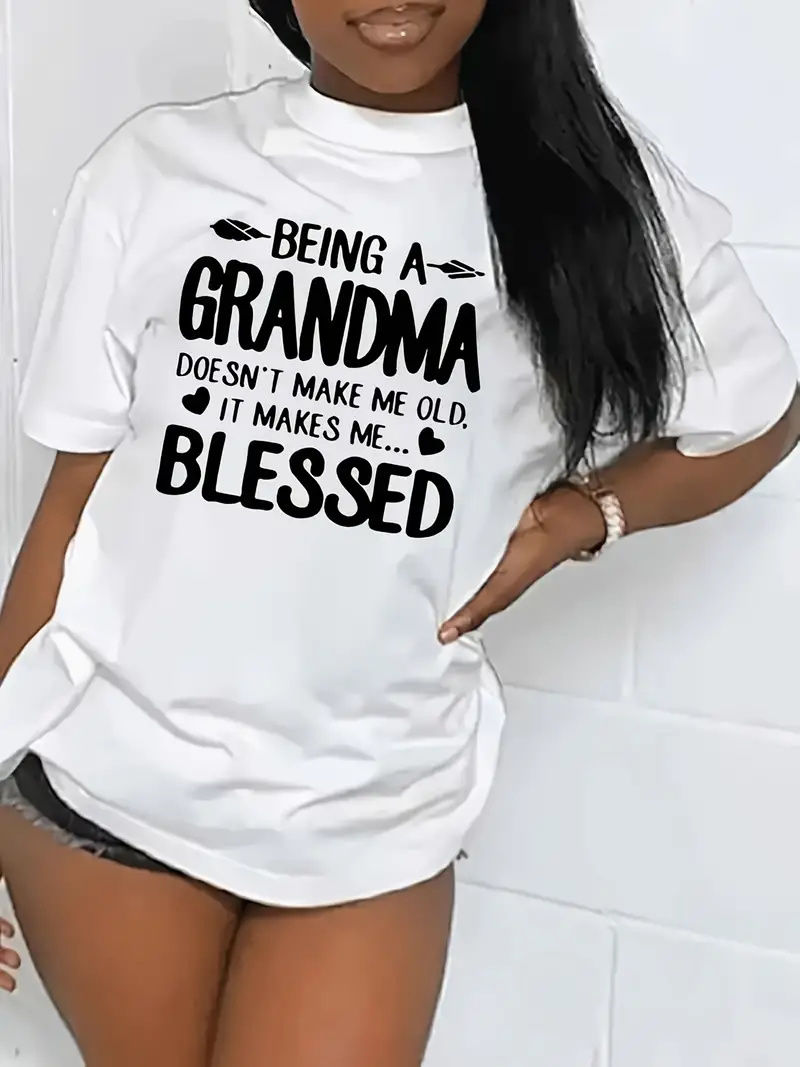 Blessed Grandma Print T-Shirt, Short Sleeve Crew Neck Casual Top For Spring & Su