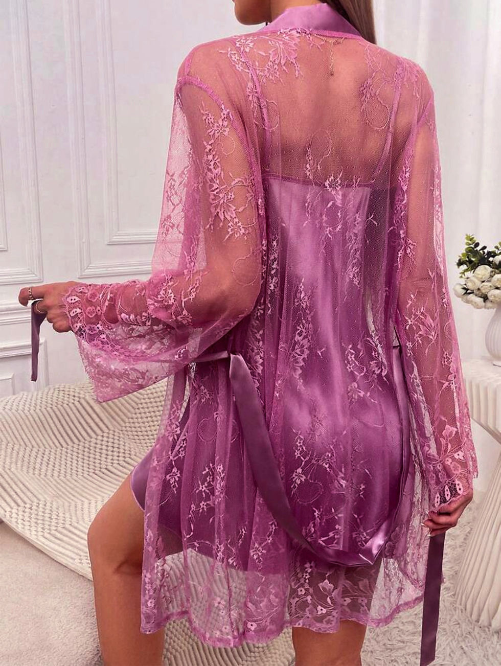 Sexy mesh nightgown with lace and lace, tempting perspective sleepwear, women's