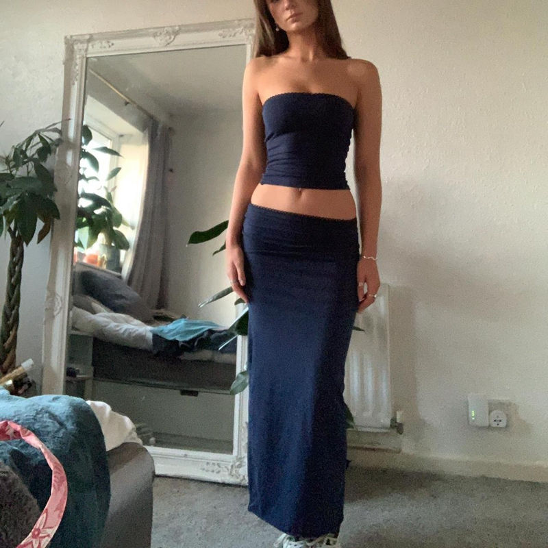 Thumbnail: 90s Vintage Backless Cropped Camis 2 Piece Set 00s Retro Y2K Lace Trim Strapless