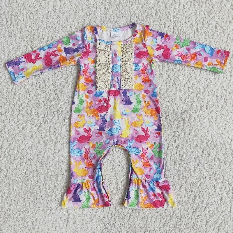 Thumbnail: Wholesale Newborn Baby Girl Easter Clothes Short Sleeves Embroidery Rabbit Ruffl
